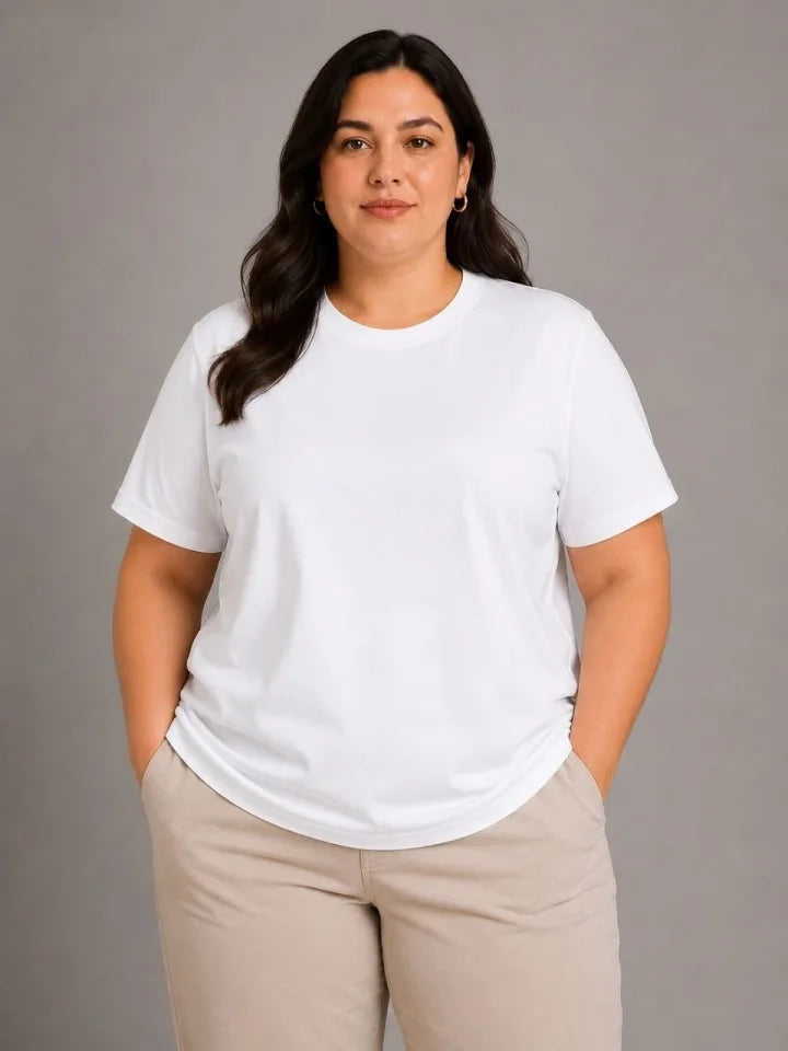 Battal Big Size Basic Tişört Bisiklet Yaka Rahat Kalıp T-Shirt - Beyaz