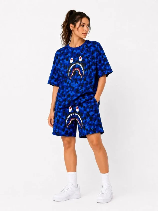 Oversize Fit Pubg Bape X Shark Embroidered Pocketed Shorts Set - Blue