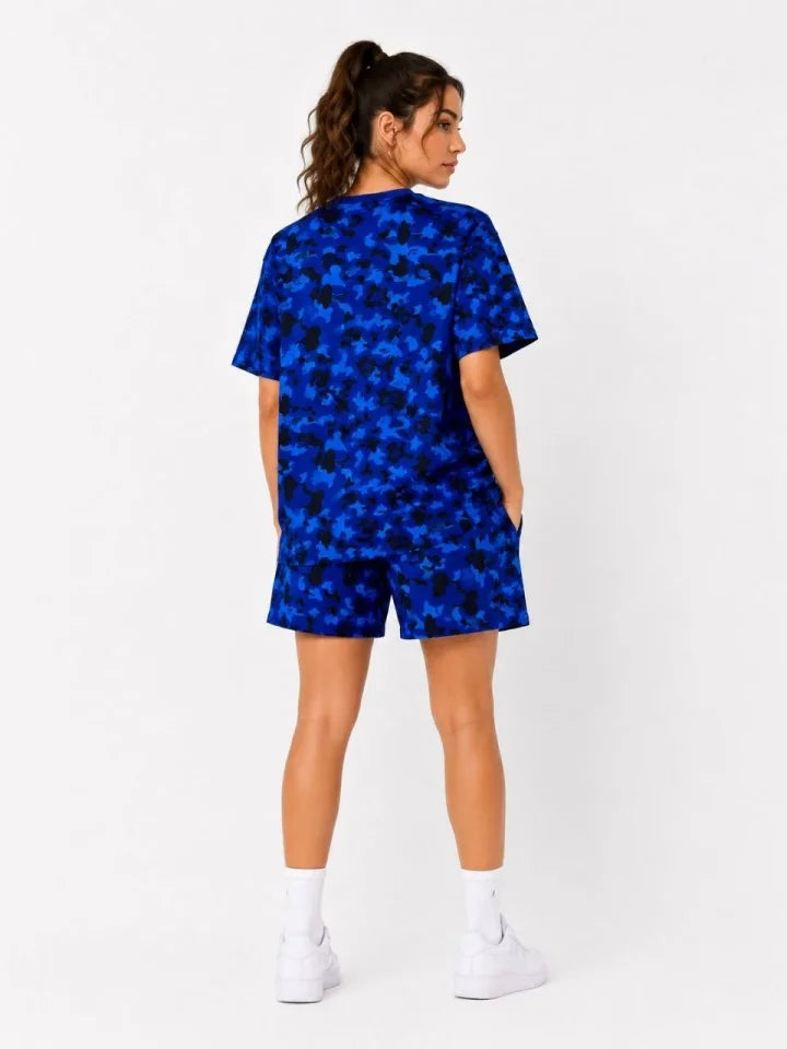 Oversize Fit Pubg Bape X Shark Embroidered Pocketed Shorts Set - Blue