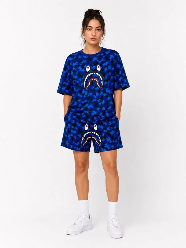 Oversize Fit Pubg Bape X Shark Embroidered Pocketed Shorts Set - Blue