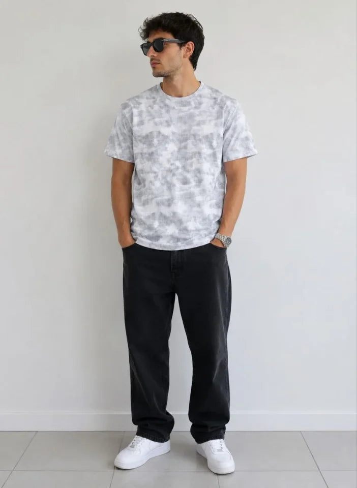 Erkek Batik Desenli Tişört Bisiklet Yaka Kısa Kol Regular Fit T-shirt - Gri