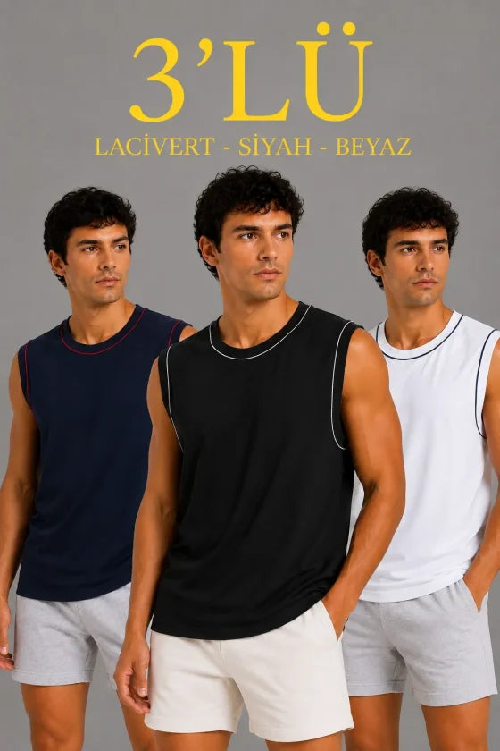 Men's 3-Pack Sleeveless Sports Tank Set Summer Crew Neck - Black, Navy, White