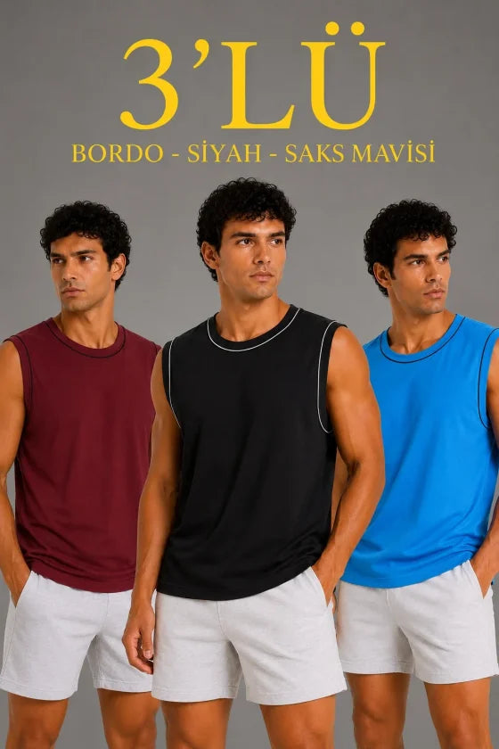 Men's 3-Pack Sleeveless Sports Tank Set Summer Crew Neck - Black, Burgundy, Turquoise