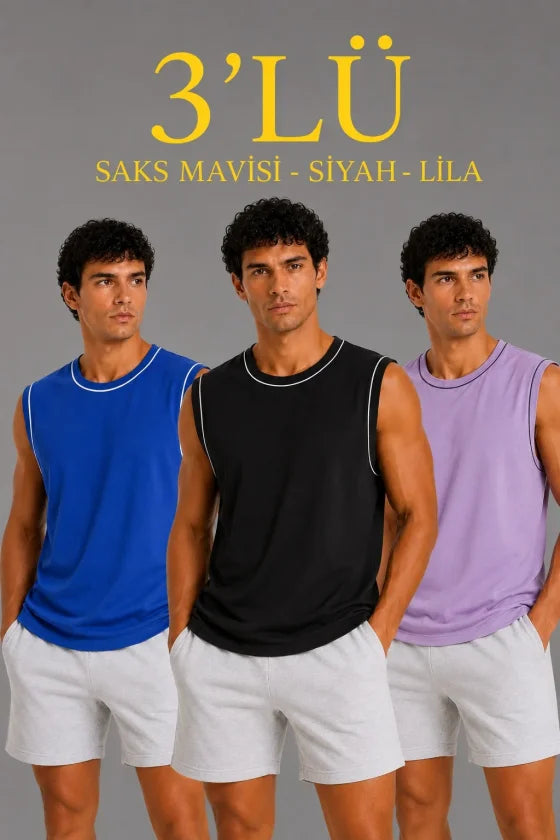 Men's 3-Pack Sleeveless Sports Tank Set Summer Crew Neck - Black, Lilac, Saks Blue