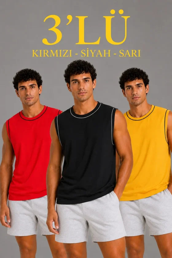 Men's 3-Pack Sleeveless Sports Tank Set Summer Crew Neck - Black, Red, Yellow