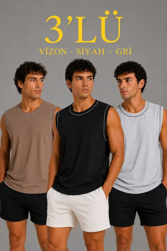 Men's 3-Pack Sleeveless Sports Tank Set Summer Crew Neck - Black, Brown, Gray