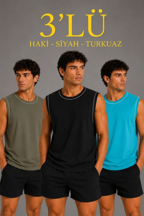 Men's 3-Pack Sleeveless Sports Tank Set Summer Crew Neck - Black, Khaki, Light Blue