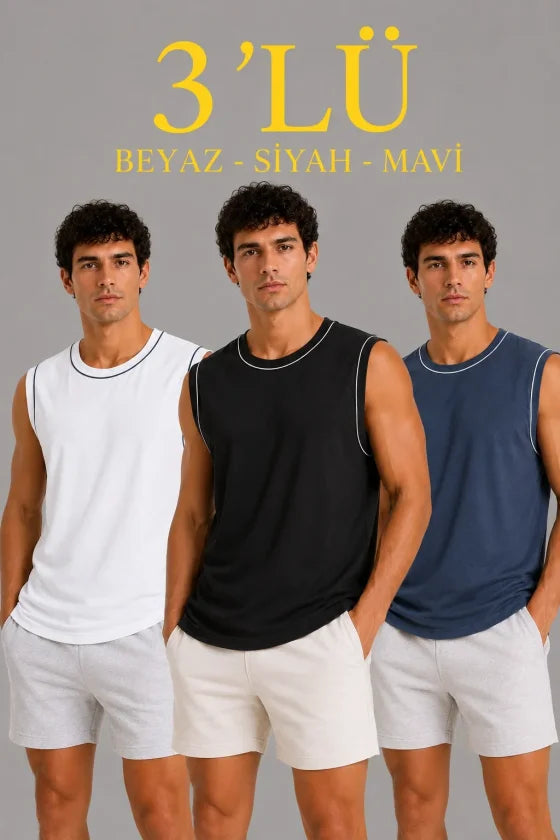 Men's 3-Pack Sleeveless Sports Tank Set Summer Crew Neck - Black, White, Indigo