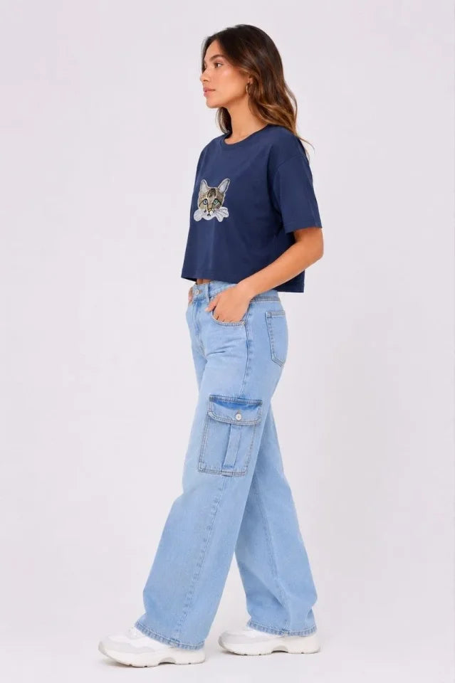 Kedi Baskılı Oversize Crop Tişört Salaş Basic Yarım Kol T-shirt - Lacivert