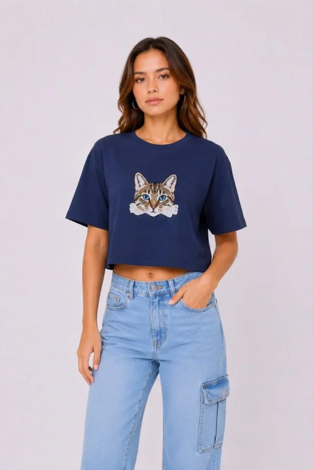 Kedi Baskılı Oversize Crop Tişört Salaş Basic Yarım Kol T-shirt - Lacivert