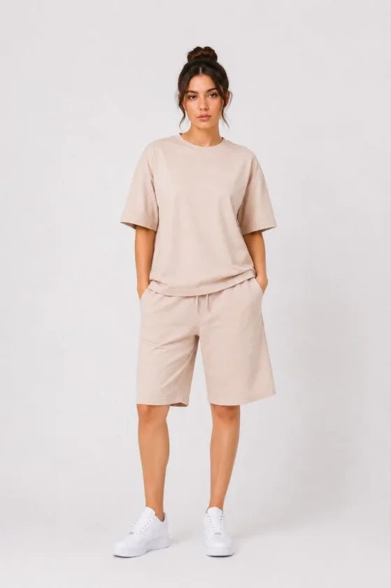 Two-Piece Set, Double-Layer Fabric, Crew-Neck T-Shirt with Pocket and Knee-Length Shorts – Beige