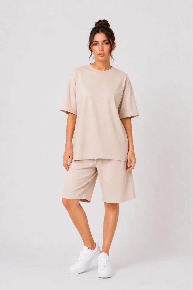 Two-Piece Set, Double-Layer Fabric, Crew-Neck T-Shirt with Pocket and Knee-Length Shorts – Beige