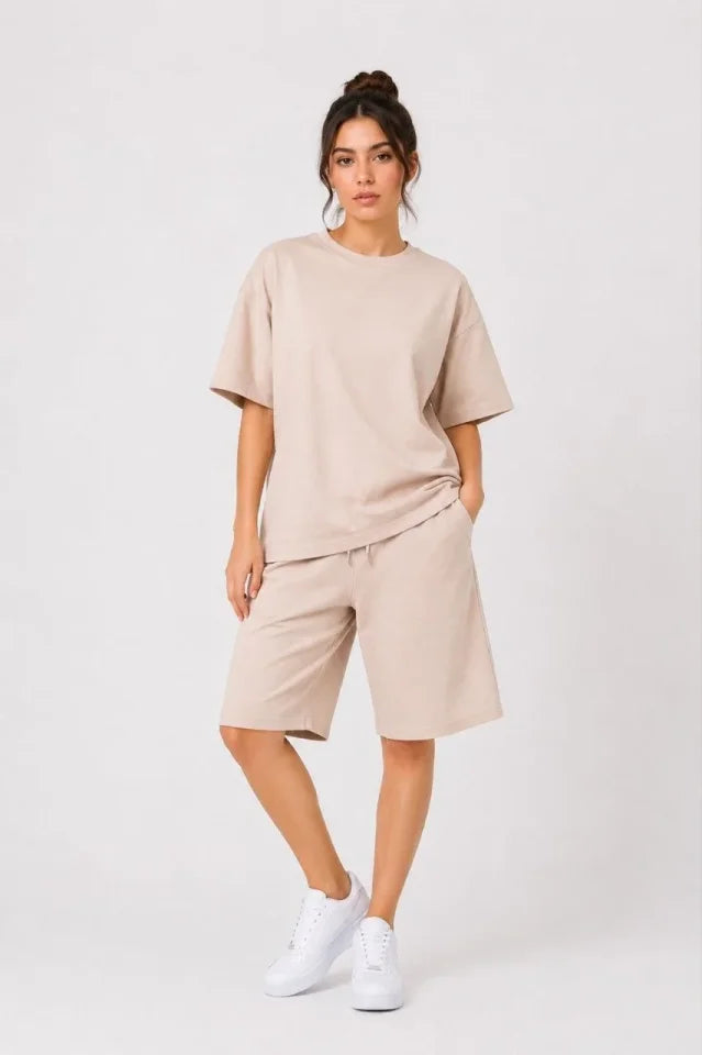 Two-Piece Set, Double-Layer Fabric, Crew-Neck T-Shirt with Pocket and Knee-Length Shorts – Beige