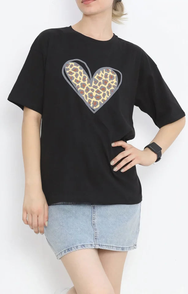 14 Şubat Sevgililer Günü Leopar Kalp Baskılı Oversize Bisiklet Yaka T-shirt - Siyah