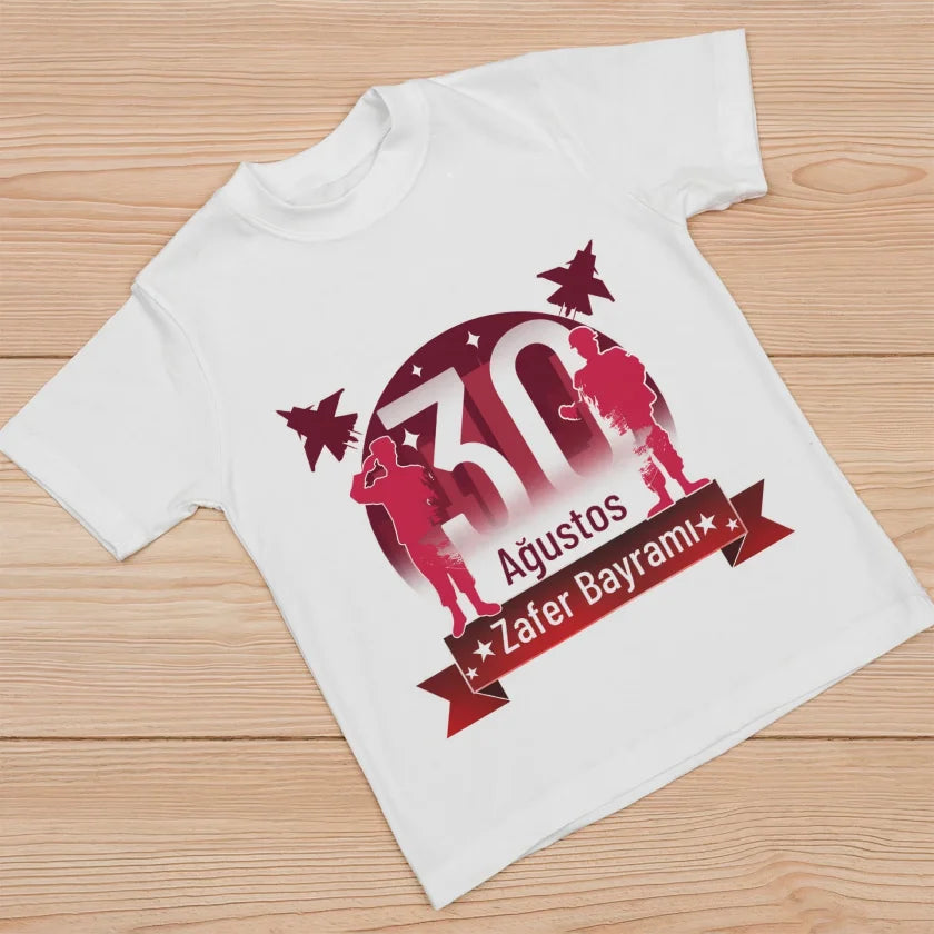 Ağustos Zafer Bayramı Atatürk Baskılı Kısa Kollu Bisiklet Yaka T-shirt - Beyaz