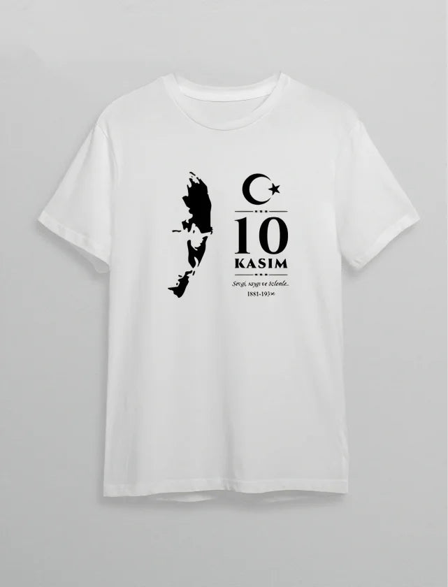 10 Kasım Atatürk Anma Günü Silüet Baskılı Oversize Bisiklet Yaka T-shirt - Beyaz