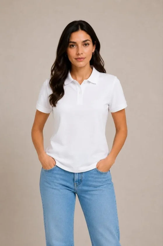 Polo Yaka Pike Kumaş Düğmeli Basic Tişört Günlük Rahat - Beyaz