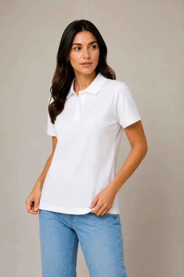 Polo Yaka Pike Kumaş Düğmeli Basic Tişört Günlük Rahat - Beyaz
