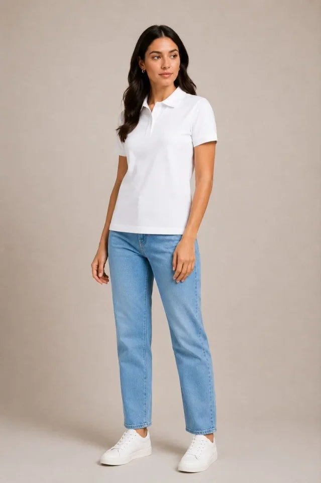 Polo Collar Pique Fabric Buttoned Basic T-Shirt Daily Comfortable - White