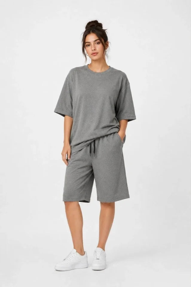 Top and Bottom Set Two-Ply Fabric Crew Neck T-Shirt with Pockets Knee-Length Shorts - Smoke