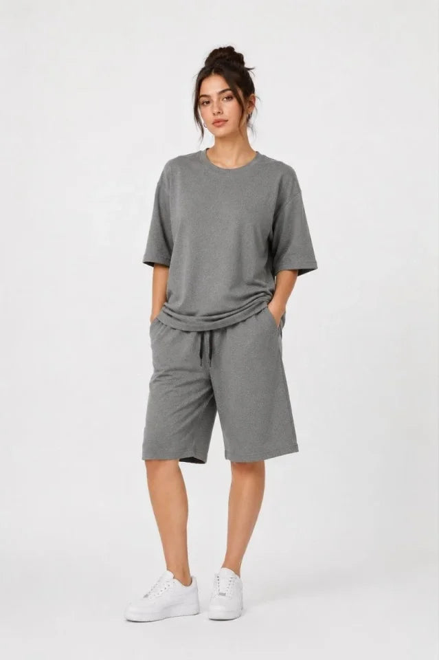 Top and Bottom Set Two-Ply Fabric Crew Neck T-Shirt with Pockets Knee-Length Shorts - Smoke