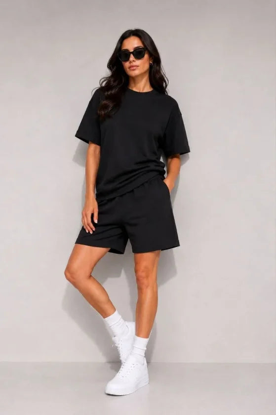 Premium Osy Modal Soft Texture T-Shirt Pocketed Shorts Set - Black