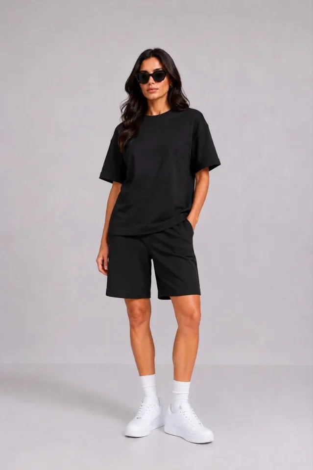 Premium Osy Modal Soft Texture T-Shirt Pocketed Shorts Set - Black