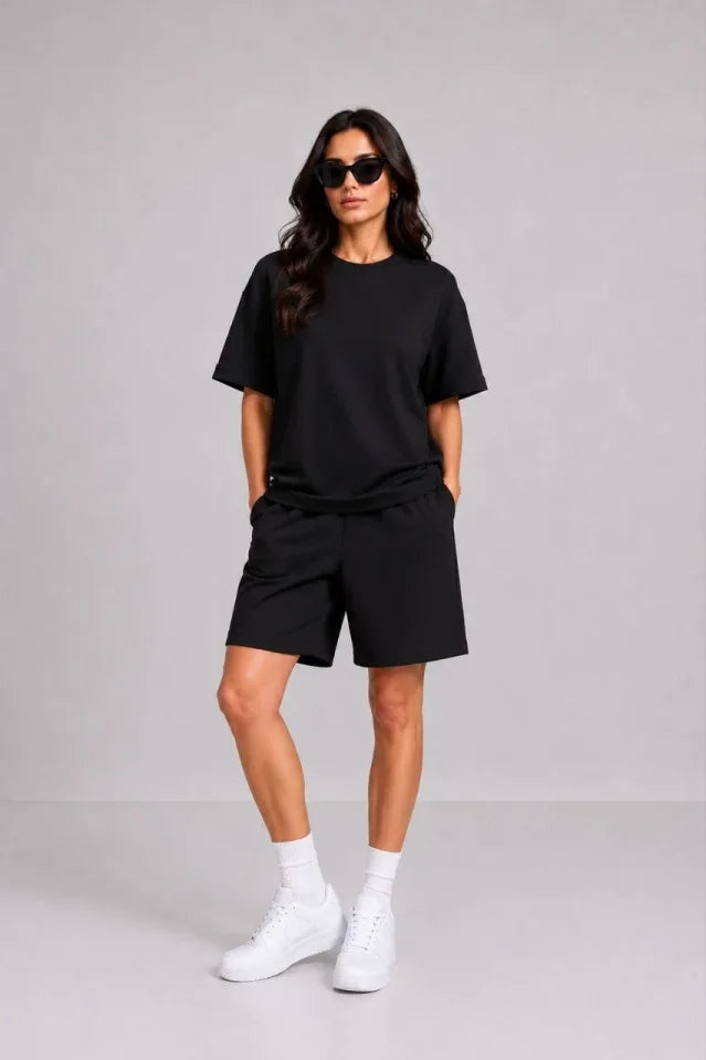 Premium Osy Modal Soft Texture T-Shirt Pocketed Shorts Set - Black