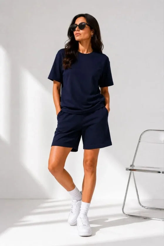 Premium Osy Modal Yumuşak Dokulu Tişört Cepli Şort Alt Üst Takım - Lacivert