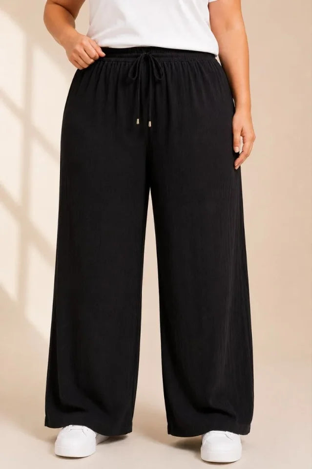 Plus Size Crinkle Fabric Elastic Waist Drawstring Wide Leg Palazzo Pants - Black