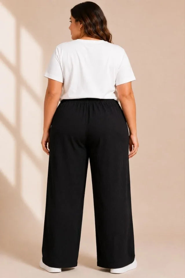 Plus Size Crinkle Fabric Elastic Waist Drawstring Wide Leg Palazzo Pants - Black