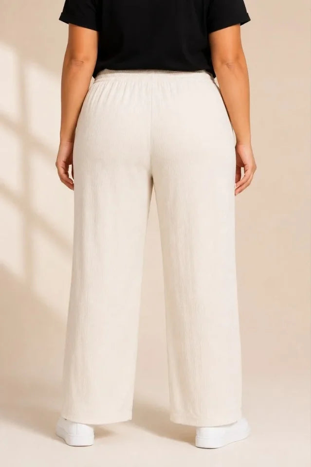 Plus Size Crinkle Fabric Elastic Waist Drawstring Wide Leg Palazzo Pants - White