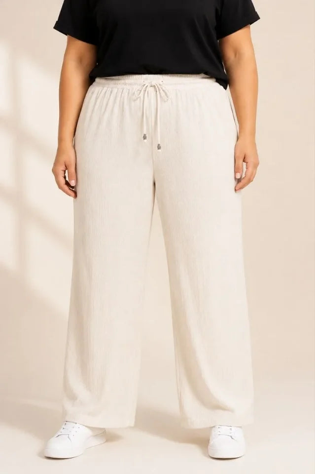 Plus Size Crinkle Fabric Elastic Waist Drawstring Wide Leg Palazzo Pants - White