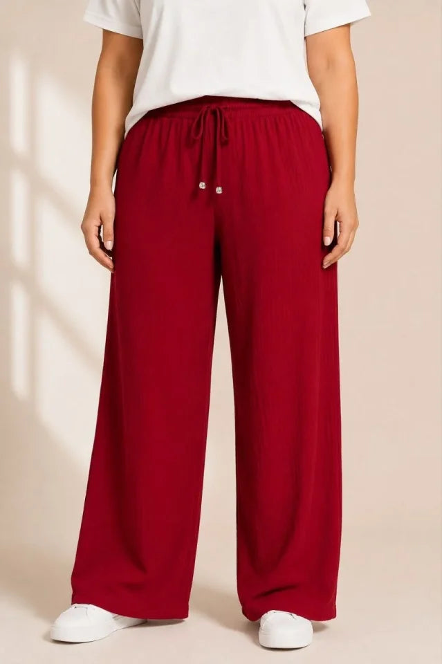 Plus Size Crinkle Fabric Elastic Waist Drawstring Wide Leg Palazzo Pants - Burgundy