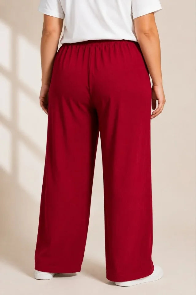 Plus Size Crinkle Fabric Elastic Waist Drawstring Wide Leg Palazzo Pants - Burgundy