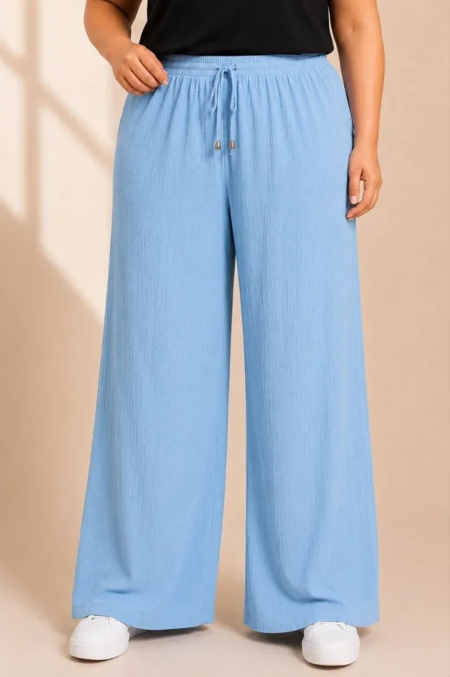 Plus Size Crinkle Fabric Elastic Waist Drawstring Wide Leg Palazzo Pants - Baby Blue