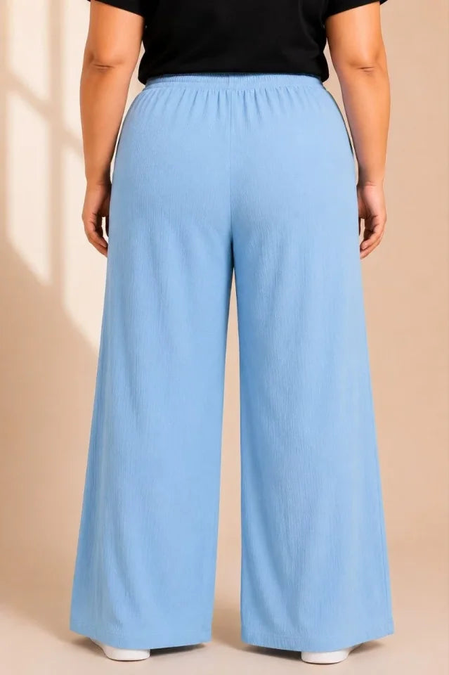 Plus Size Crinkle Fabric Elastic Waist Drawstring Wide Leg Palazzo Pants - Baby Blue