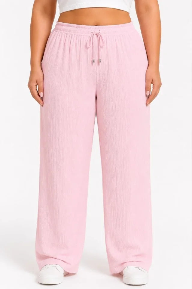 Plus Size Crinkle Fabric Elastic Waist Drawstring Wide Leg Palazzo Pants - Pink