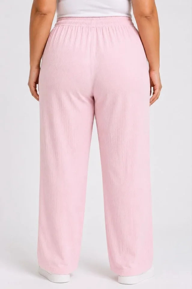 Plus Size Crinkle Fabric Elastic Waist Drawstring Wide Leg Palazzo Pants - Pink
