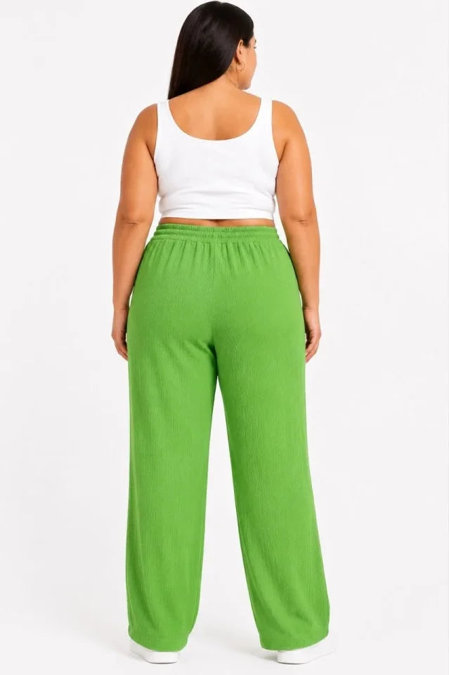 Plus Size Crinkle Fabric Elastic Waist Drawstring Wide Leg Palazzo Pants - Green