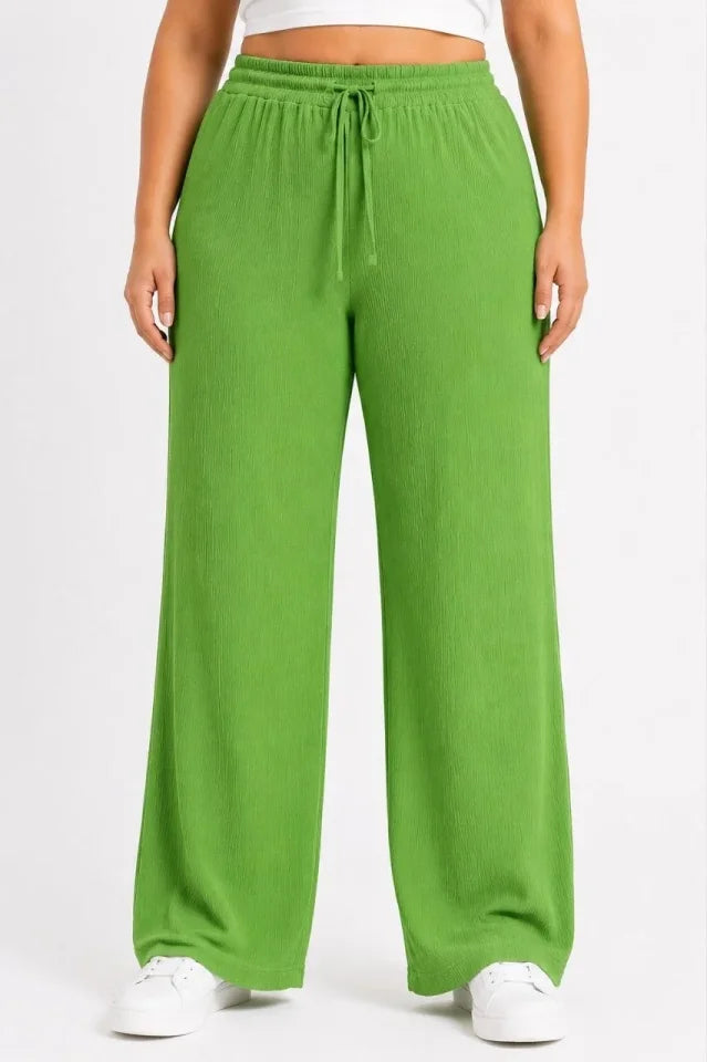 Plus Size Crinkle Fabric Elastic Waist Drawstring Wide Leg Palazzo Pants - Green