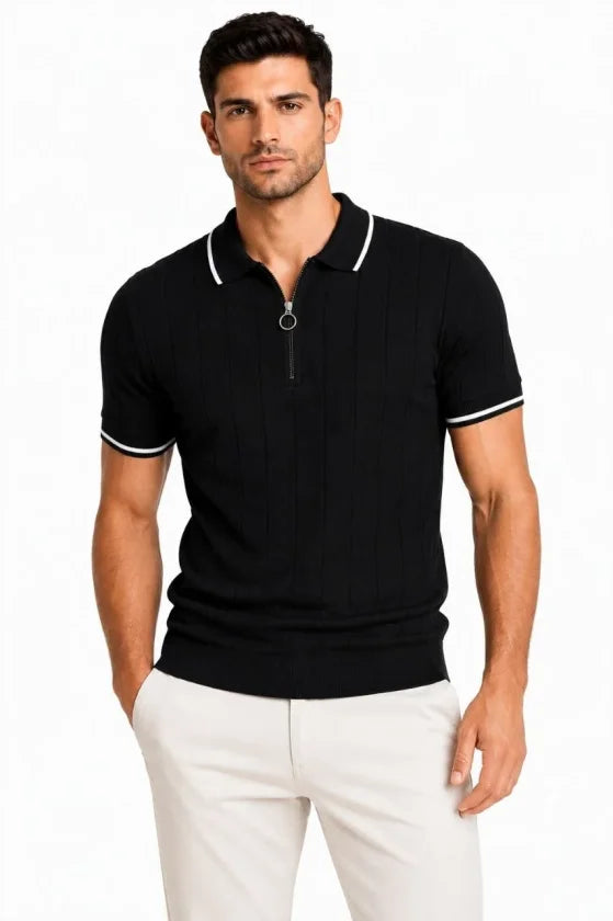 Erkek Fitilli Triko T-shirt Polo Yaka Yarım Fermuarlı Kısa Kollu Tişört - Siyah