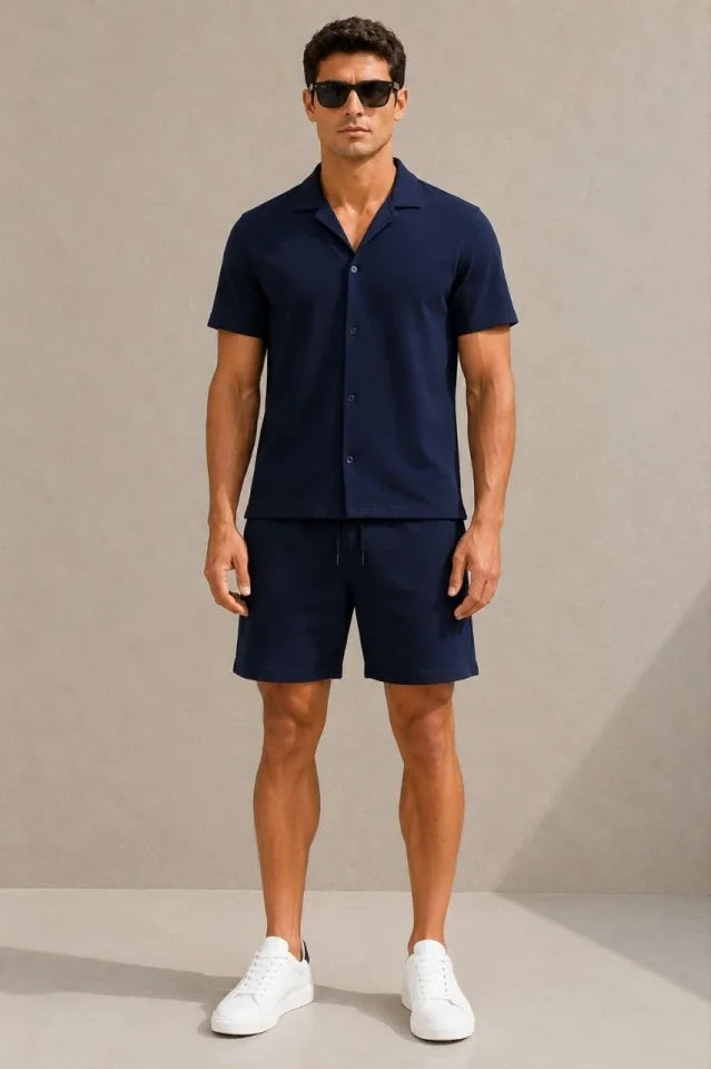 Men's Crepe Fabric Breathable Short Sleeve Shirt with Pocket Shorts Set - Navy Blue