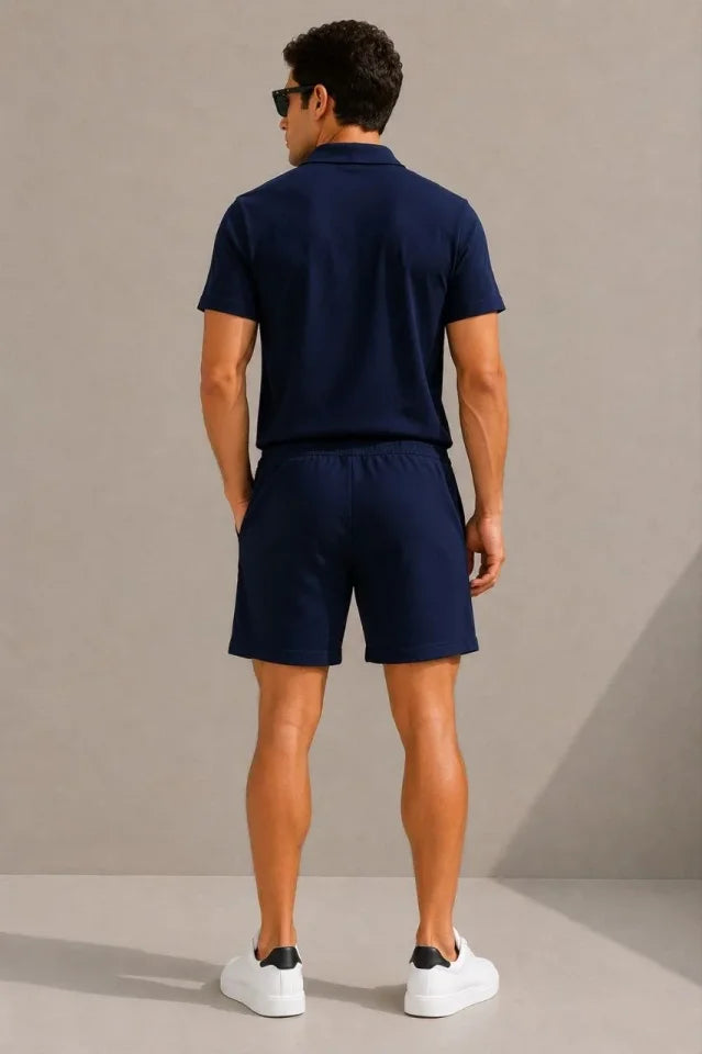 Men's Crepe Fabric Breathable Short Sleeve Shirt with Pocket Shorts Set - Navy Blue