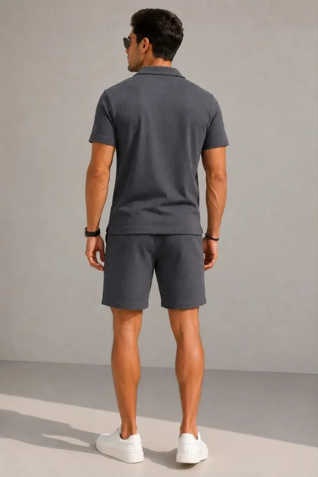 Men's Crepe Fabric Breathable Short Sleeve Shirt with Pocket Shorts Set - Smoke