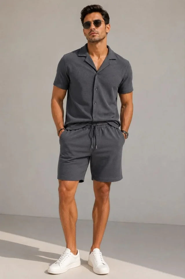 Men's Crepe Fabric Breathable Short Sleeve Shirt with Pocket Shorts Set - Smoke