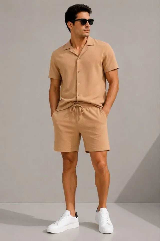 Men's Crepe Fabric Breathable Short Sleeve Shirt with Pocket Shorts Set - Beige