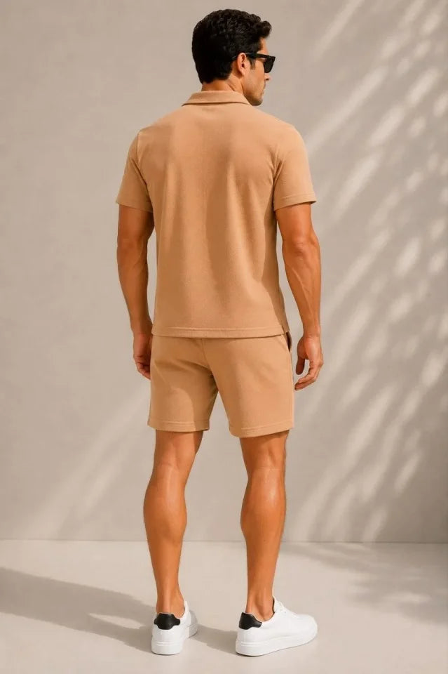 Men's Crepe Fabric Breathable Short Sleeve Shirt with Pocket Shorts Set - Beige
