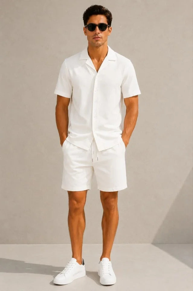 Men's Crepe Fabric Breathable Short Sleeve Shirt with Pocket Shorts Set - White