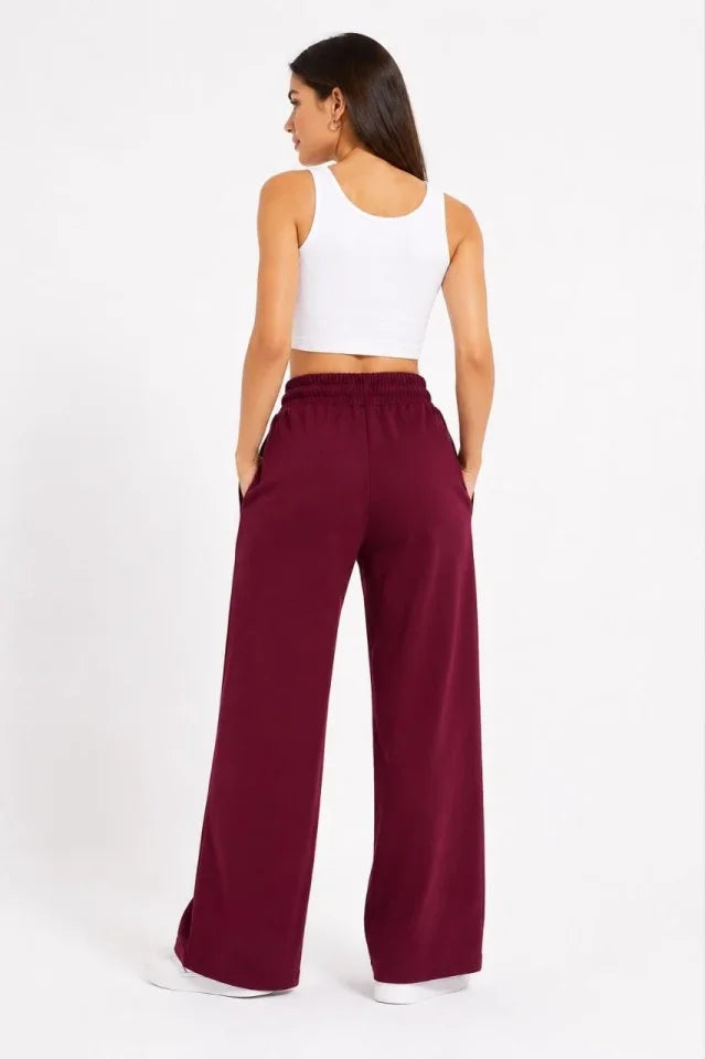 Osy Modal Yumuşak Dokulu Nakışlı Cepli Oversize Bol Paça Kadın Eşofman Altı - Bordo